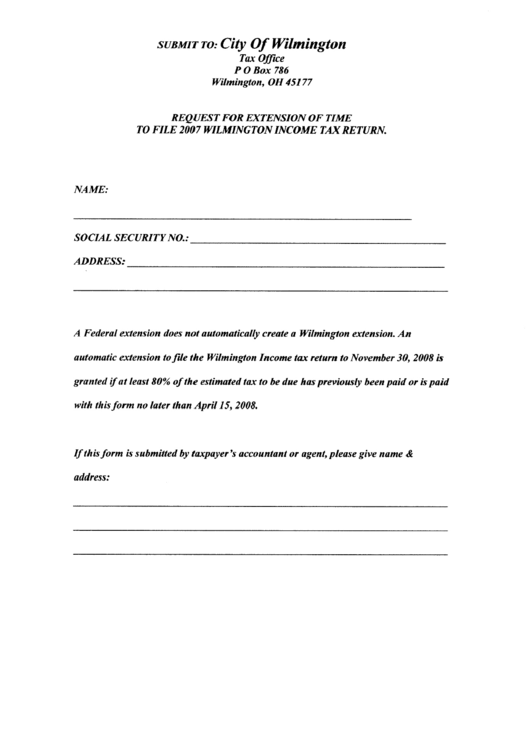 Request For Extension Of Time To File 2007 Wilmington Income Tax Return Form Printable pdf
