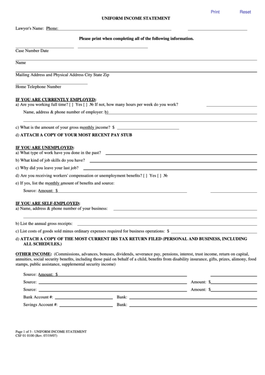 Fillable Form Csf 010100 - Uniform Income Statement Form Printable pdf