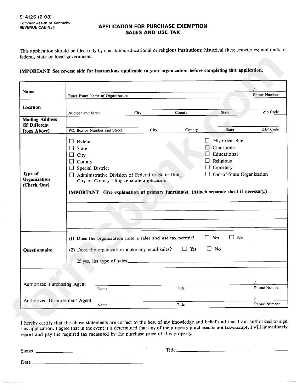 Form 51a125 - Application Form For Purchase Exemption
