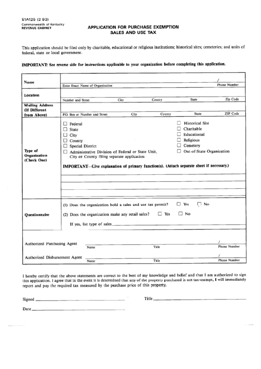 Form 51a125 - Application Form For Purchase Exemption Printable pdf