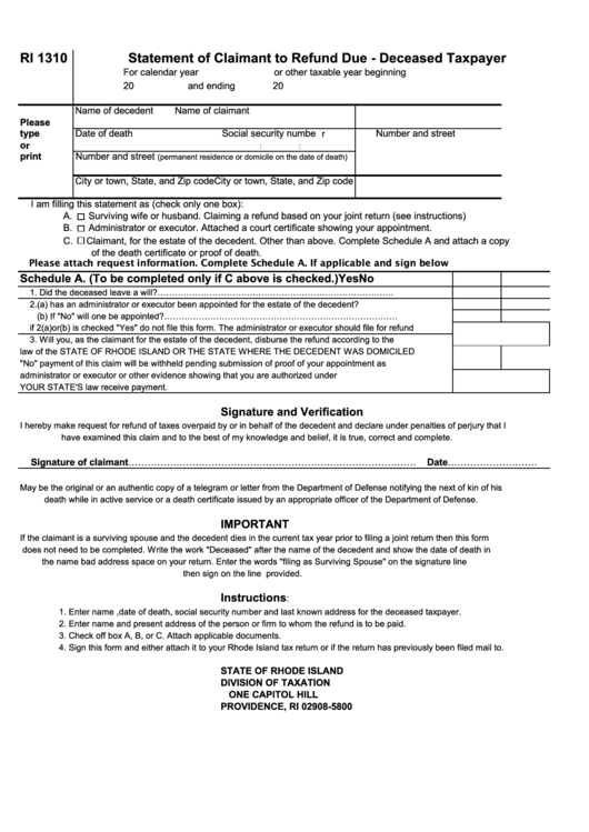 Form Ri 1310- Statement Of Claimant To Refund Due- Deceased Taxpayer- Printable pdf