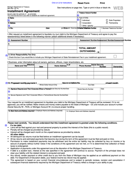 Fillable Form 990 - Installment Agreement Printable pdf