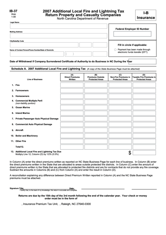 Form Ib-37 - 2007 Additional Local Fire And Lightning Tax Return Property And Casualty Companies Printable pdf