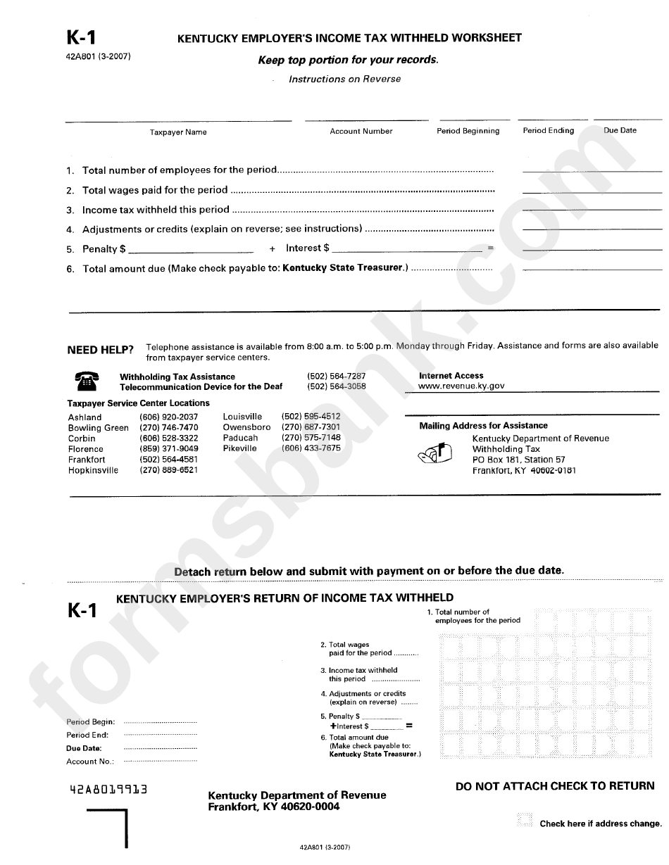 Download Form K-1 - Kentucky Employer'S Income Tax Withheld Worksheet printable pdf download