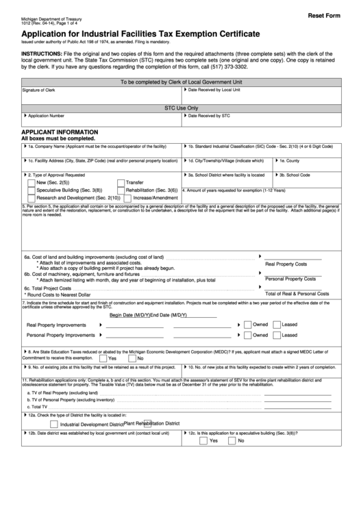 Form 1012 - Application For Industrial Facilities Tax Exemption Certificate - 2014 Printable pdf
