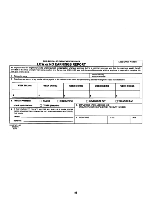 Form Uc-407 - Low Or No Earning Report Printable pdf