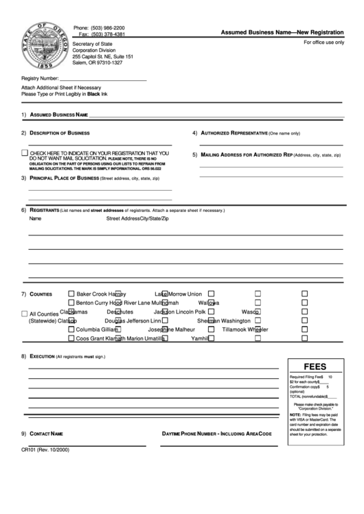 Fillable Form Cr101 - Assumed Business Name - New Registration Printable pdf