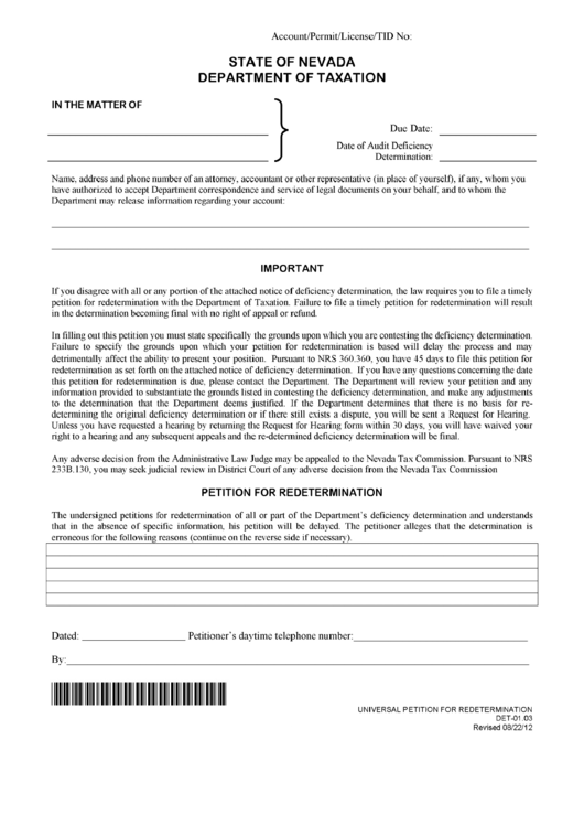 Form Det - 01.03 - Universal Petition For Redetermination Form Printable pdf