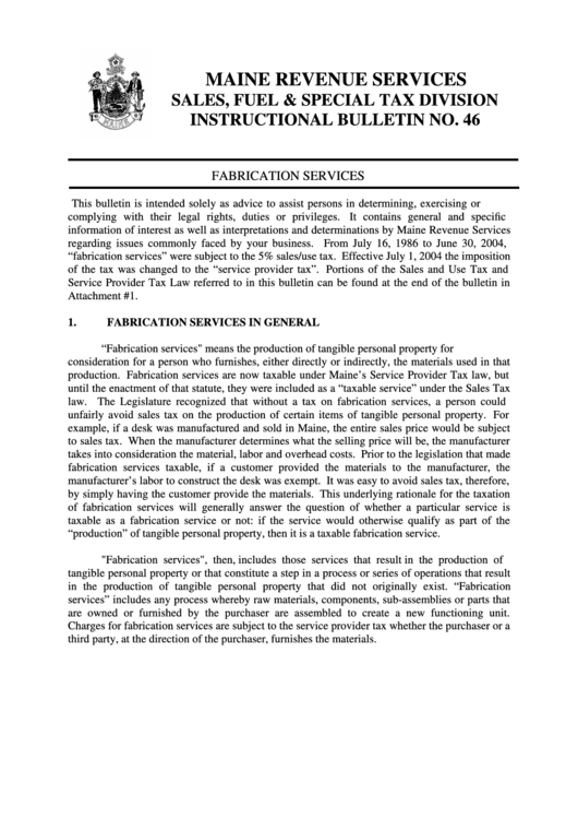 Maine Revenue Services Sales, Fuel & Special Tax Division Instructional Bulletin No. 46 Sheet Printable pdf