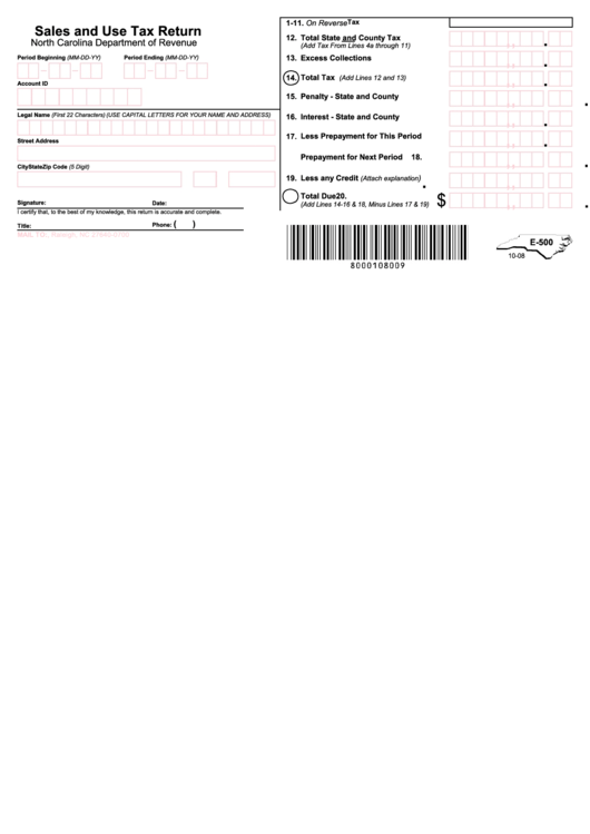 Form E 500 Sales And Use Tax Return Form Printable Pdf Download