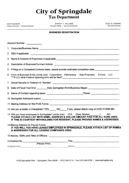 Business Registration Form Printable pdf