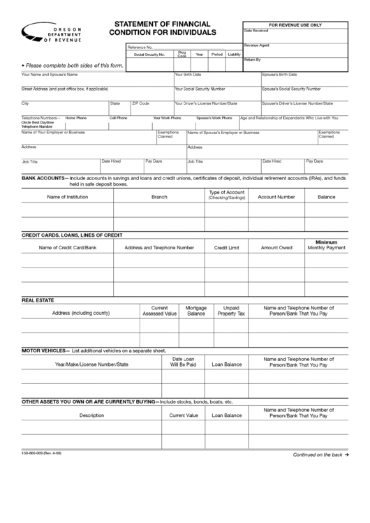 Fillable Form 150-960-009 - Statement Of Financial Condition For Individuals Form Printable pdf