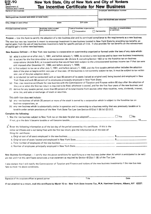Form Dtf90Tax Incentive Certificate For New Business Form printable