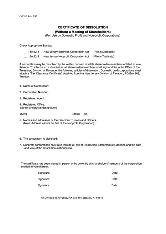 Form C-159b - Certificate Of Dissolution (Without A Meeting Of Shareholders) Printable pdf