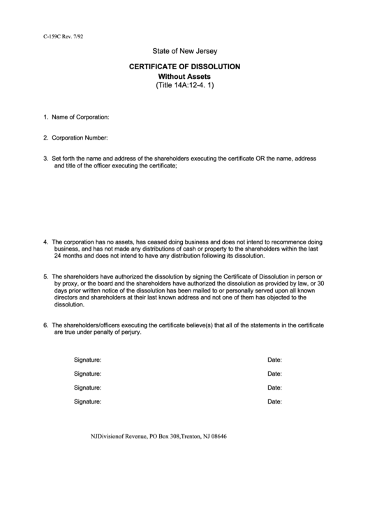 Fillable Form C-159c - Certificate Of Dissolution Form Printable pdf