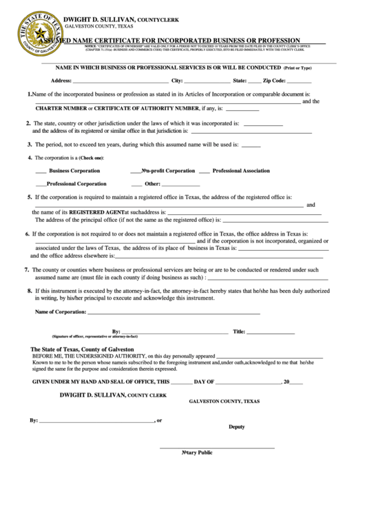 Fillable Assumed Name Certificate For Incorporated Business Or Profession Form - Texas Printable pdf