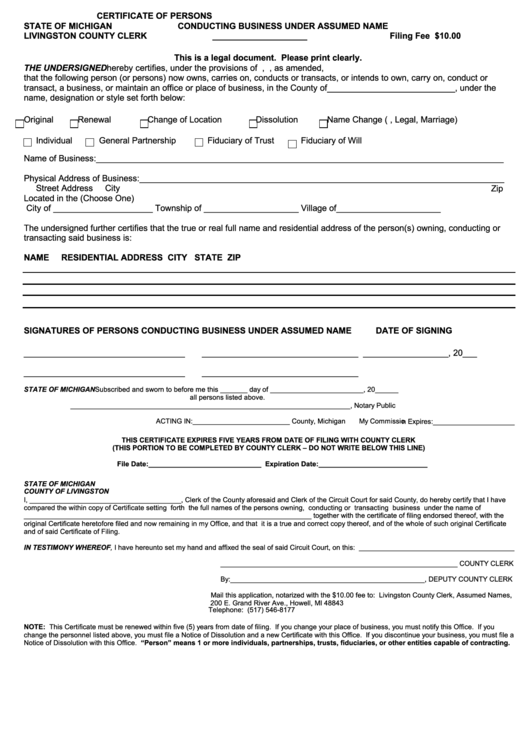 Certificate Of Persons Conducting Business Under Assumed Name Form Printable pdf