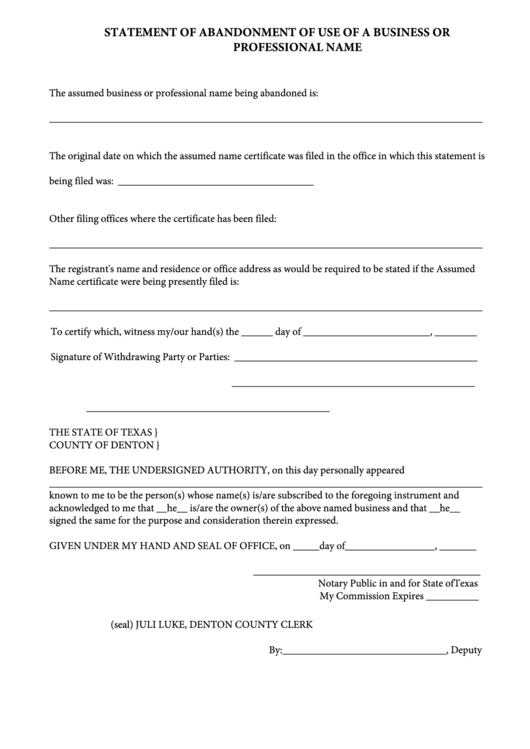 Fillable Statement Of Abandonment Of Use Of A Business Or Professional Name Form Printable pdf