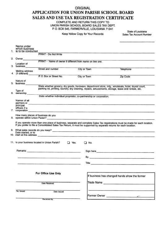 Sales And Use Tax Registration Certificate Form - Application For Union Parish School Board Printable pdf