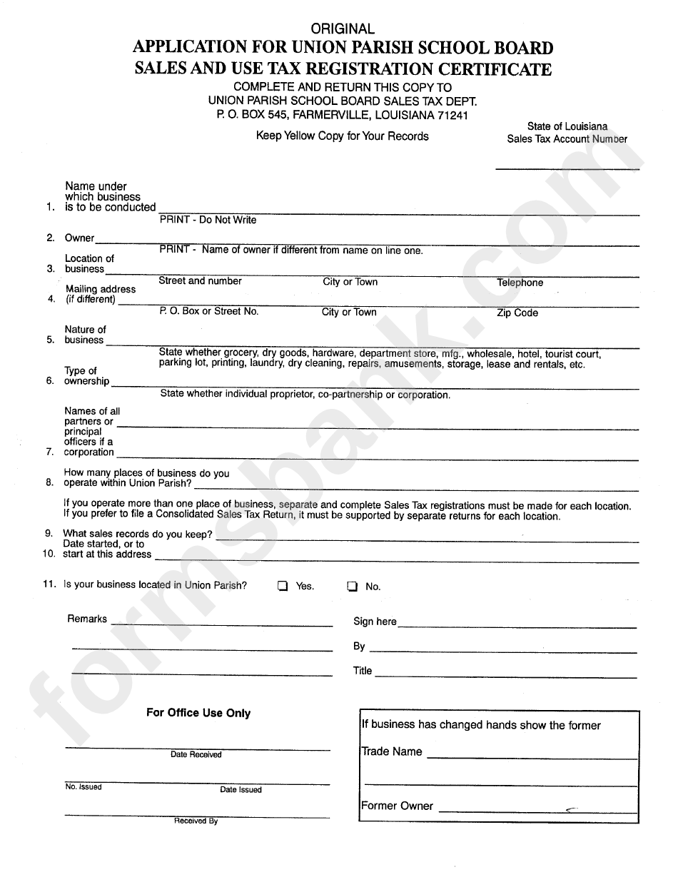 Sales And Use Tax Registration Certificate Form - Application For Union Parish School Board