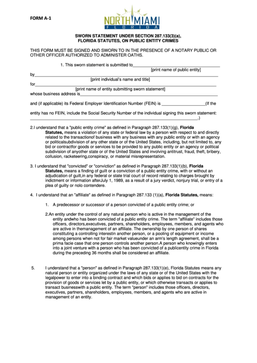 Fillable Form A-1 - Sworn Statement Under Section 287.133(3)(A), Florida Statutes, On Public Entity Crimes Printable pdf