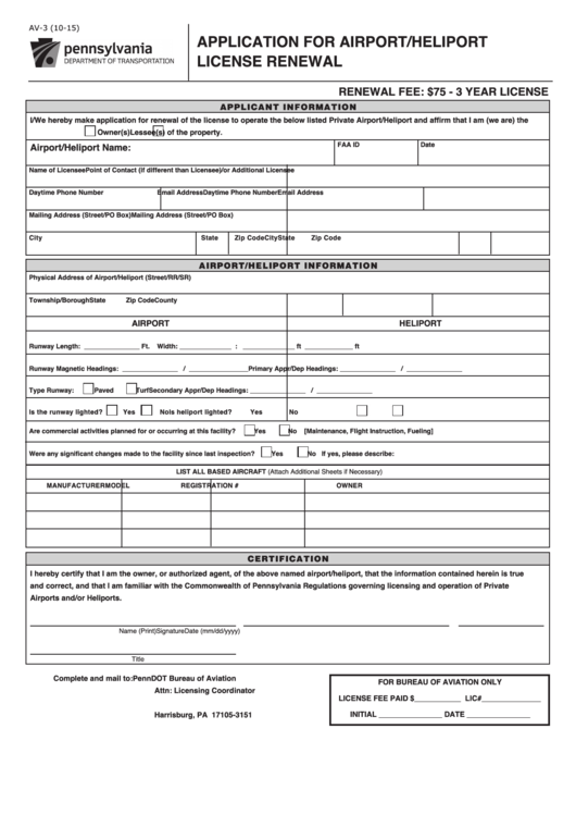 Fillable Form Av-3 - Application For Airport/heliport License Renewal Printable pdf