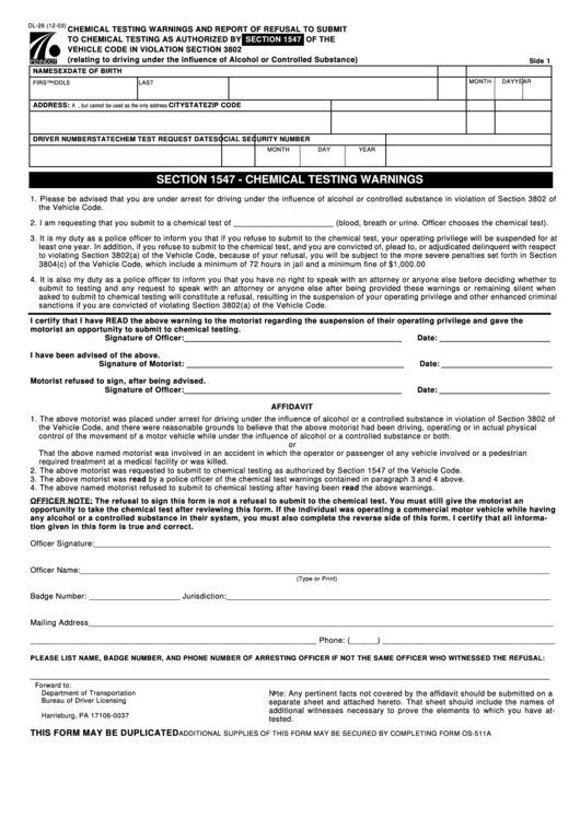 Fillable Form Dl-26 - Chemical Testing Warnings And Report Printable pdf