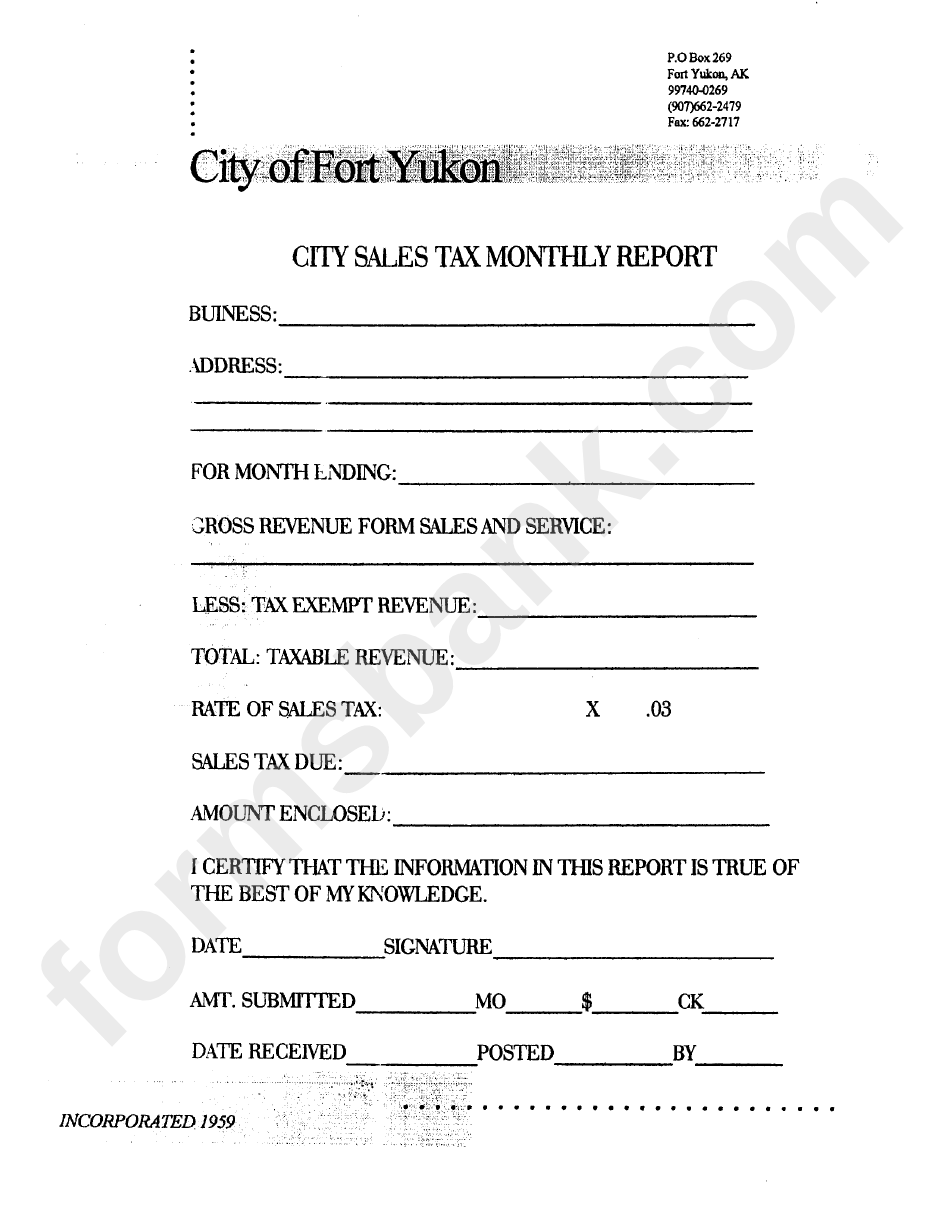 City Sales Tax Monthly Report Form - City Of Fort Yukon