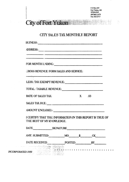 City Sales Tax Monthly Report Form - City Of Fort Yukon Printable pdf