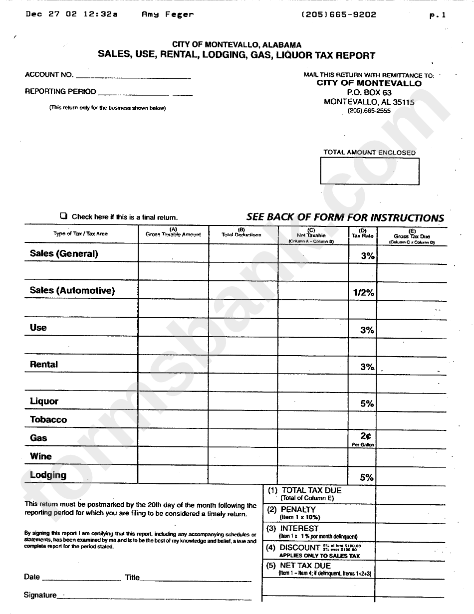 Sales, Use, Rental, Lodging, Gas And Liquor Tax Report Form - City Of Montevallo