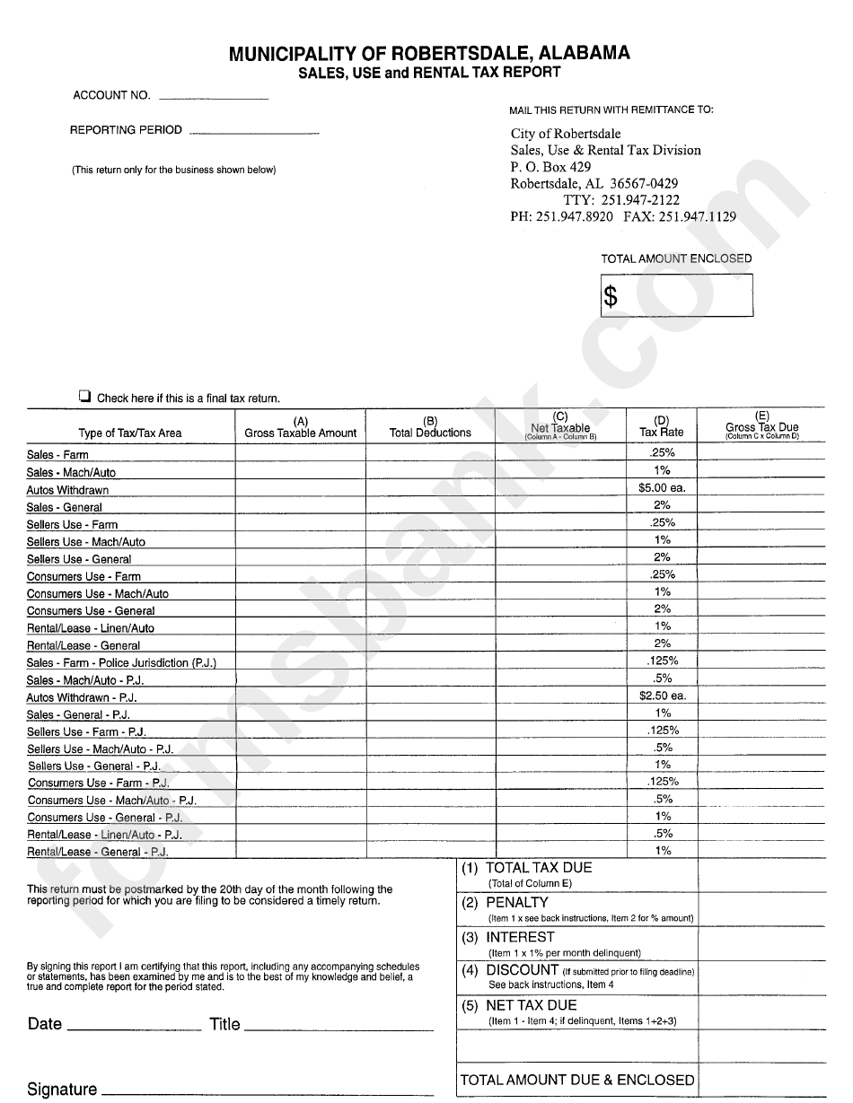 Sales, Use And Rental Tax Report Form - Municipality Of Robertsdale