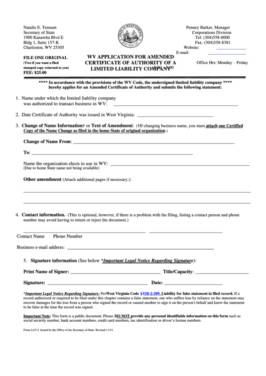 Fillable Form Llf-4 - Wv Application For Amended Certificate Of Authority Of A Limited Liability Company 2014 Printable pdf