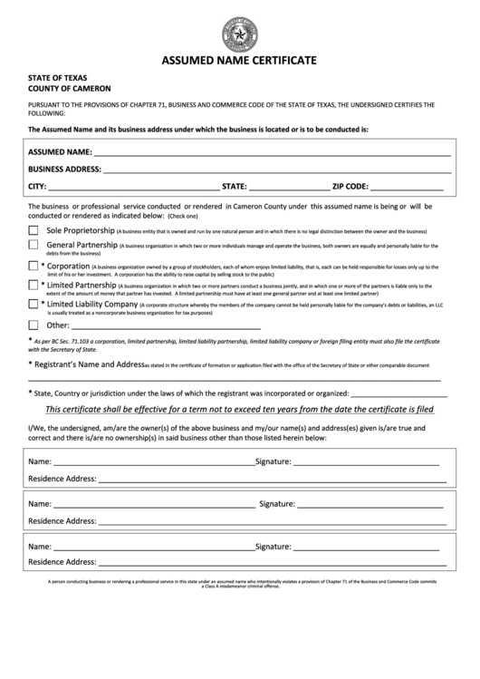 Assumed Name Certificate Form Printable pdf