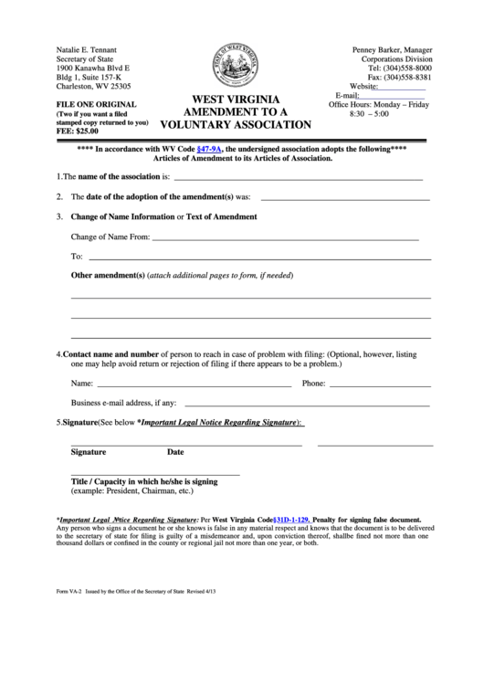 Fillable Form Va-2 - West Virginia Amendment To A Voluntary Association - 2013 Printable pdf