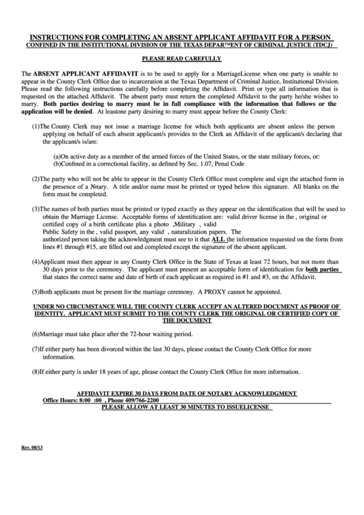 Absent Applicant Affidavit For A Person Incarcerated In The Institutional Division Of The Texas Department Of Criminal Justice Form Printable pdf