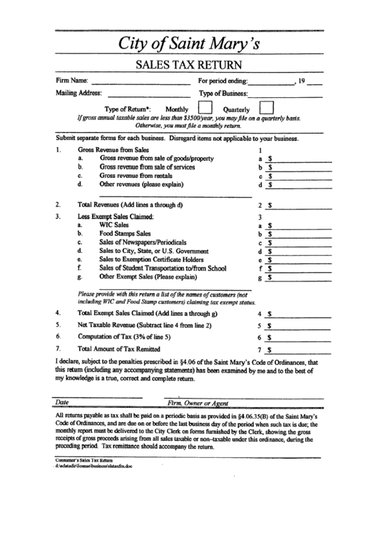 Sales Tax Return Form - City Of Saint Mary