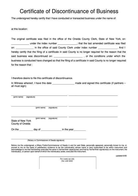 Fillable Certificate Of Discontinuance Of Business Form Printable pdf