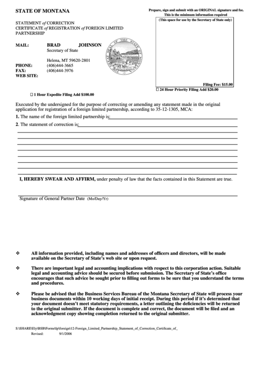 Statement Of Correction Certificate Of Registration Of Foreign Limited Partnership Form Printable pdf