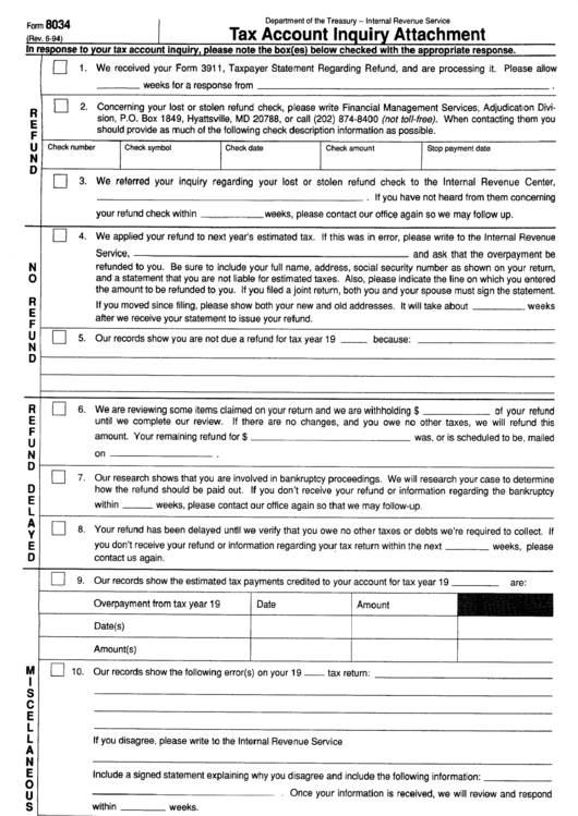 Form 8034 - Tax Account Inquiry Attachment Form Printable pdf