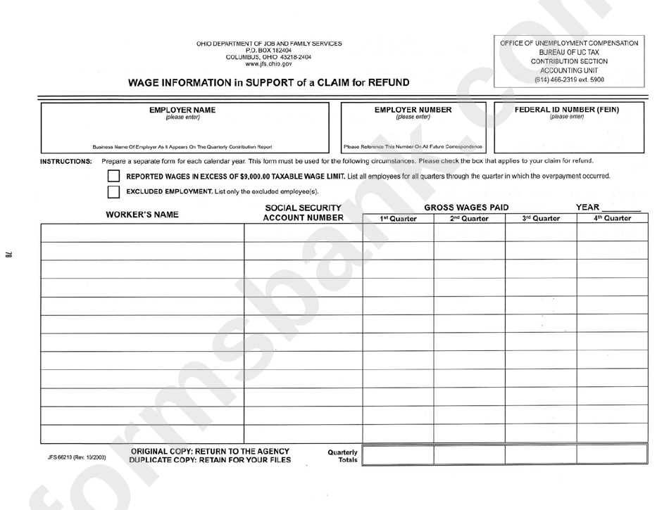 Form Jfs 66210 - Wage Information In Support Of A Claim For Refund