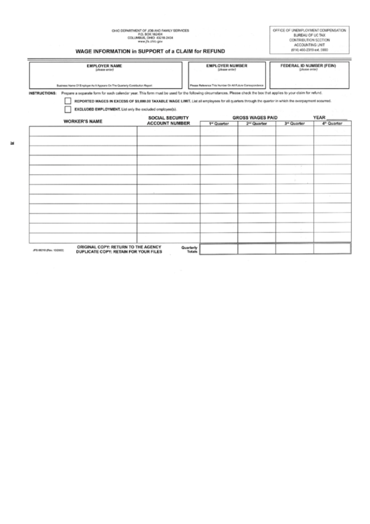 Form Jfs 66210 - Wage Information In Support Of A Claim For Refund Printable pdf