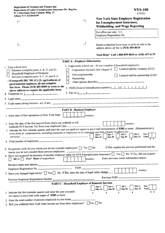 Form Nys-100 - Nys Employer Registration For Unemployment Insurance, Withholding, And Wage Reporting Printable pdf