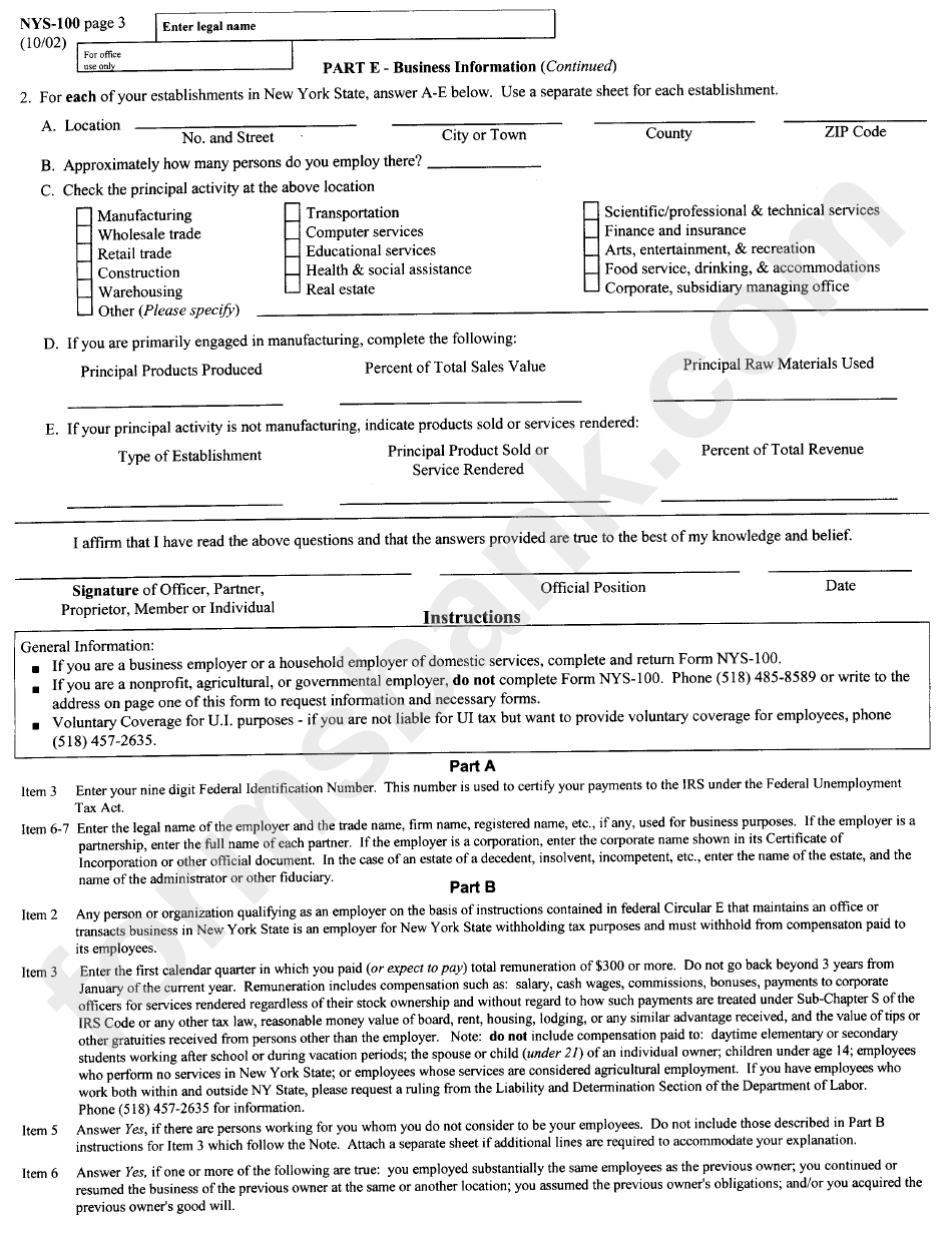 Form Nys-100 - Nys Employer Registration For Unemployment Insurance, Withholding, And Wage Reporting