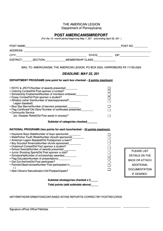 Fillable Post Americanism Report Form Printable pdf
