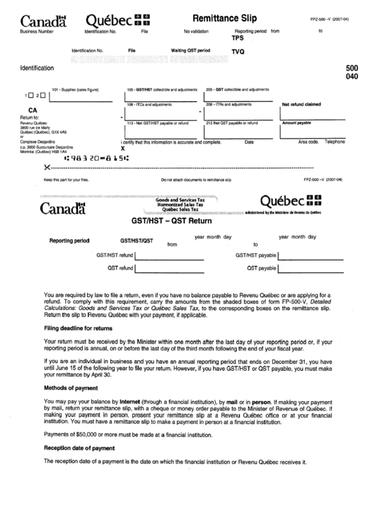 Form Fpz-500-V - Remittance Slip Printable pdf