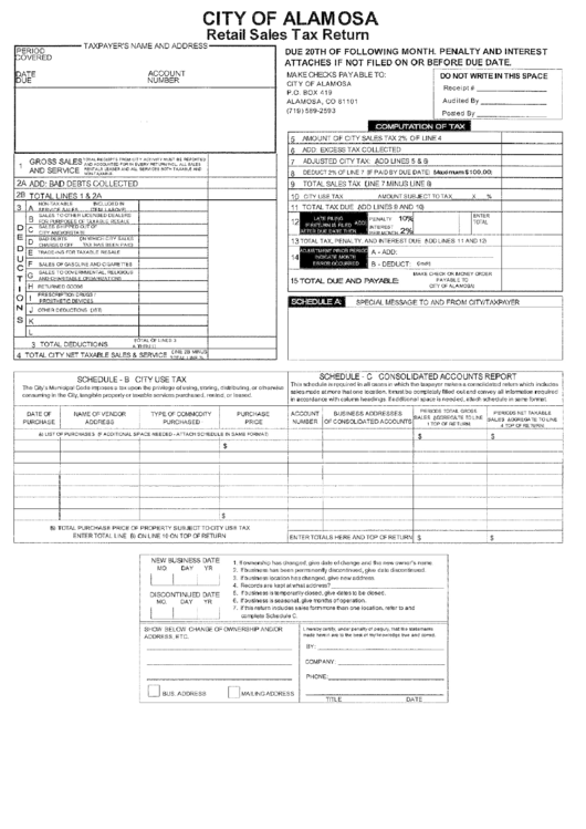 Fillable Retail Sales Tax Return Form - City Of Alamosa Printable pdf