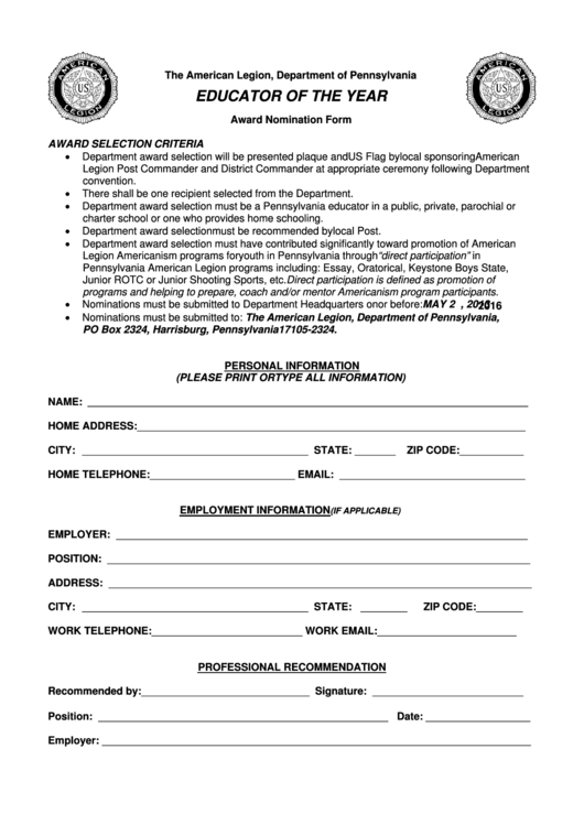 Fillable Educator Of The Year Award Nomination Form Printable pdf