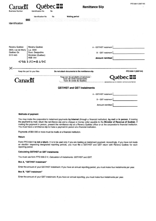 Form Vdz-558-V - Remittance Slip Printable pdf