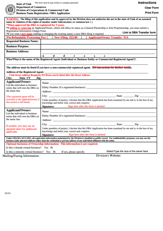 Fillable Business Name Registration / Dba Application Form Printable pdf