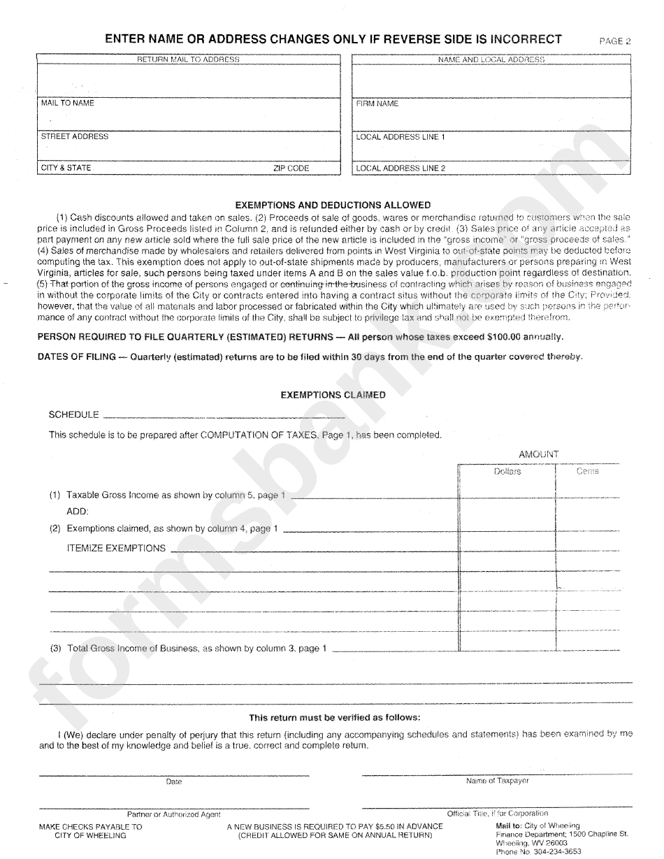 Business And Occupation (Gross Sales) Tax Form - City Of Wheeling